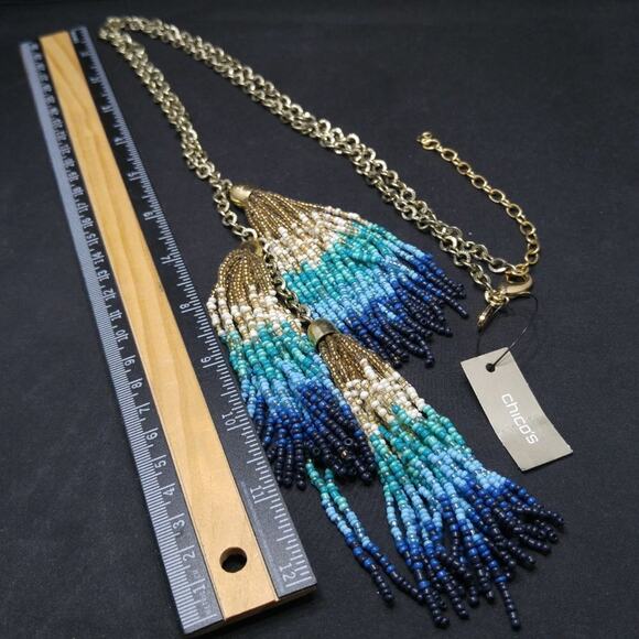 Chico's Blue Green Gold Seed Bead 3 Tassel Necklace, New With Tags, 36 Inches - Picture 9 of 12